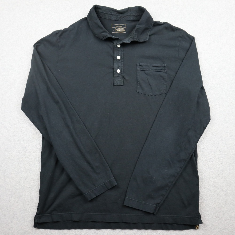 Billy Reid Polo Shirt Mens L Garment Dye Black Long Sleeve Organic Cotton Pocket